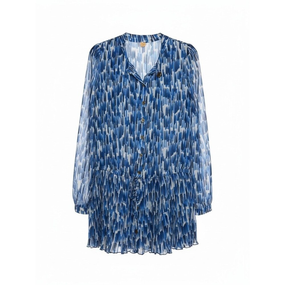FARM Rio Womens Size Small S Blue White Brushstroke Pleated Sheer Mini Dress